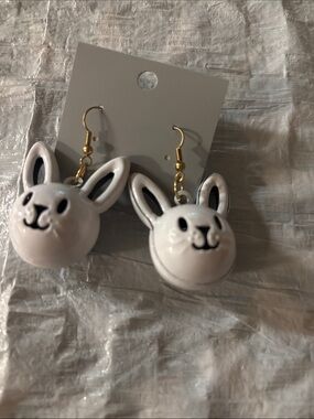 White Bunny Drop Earrings with Gold Hooks
